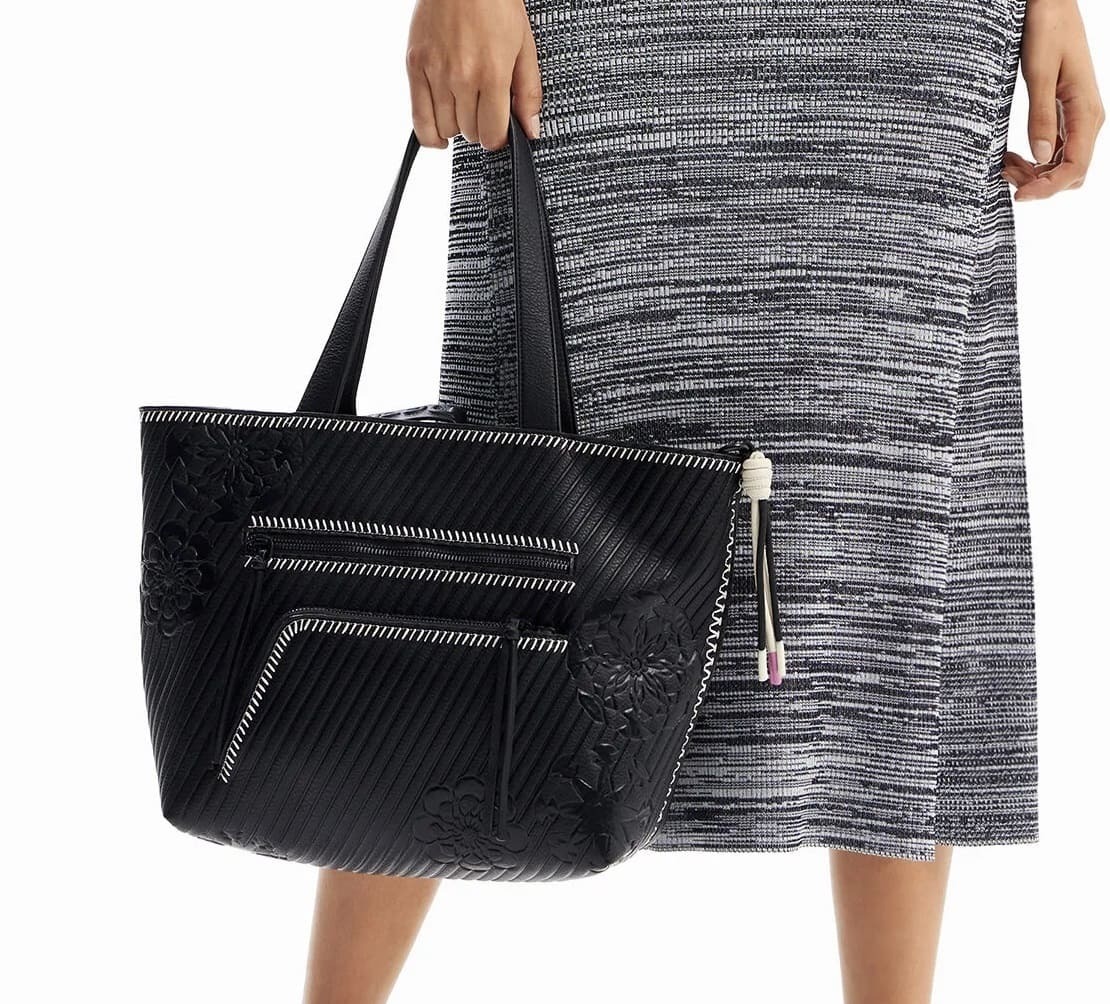 Bolso grande shopper negro en tejido efecto piel de Desigual