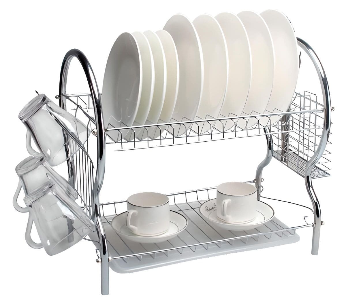 Escurridor de cocina independiente con estructura metálica y acabado cromado