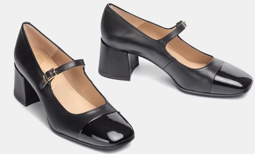 Merceditas Marieta en piel con puntera de charol y tacón bloque Unisa