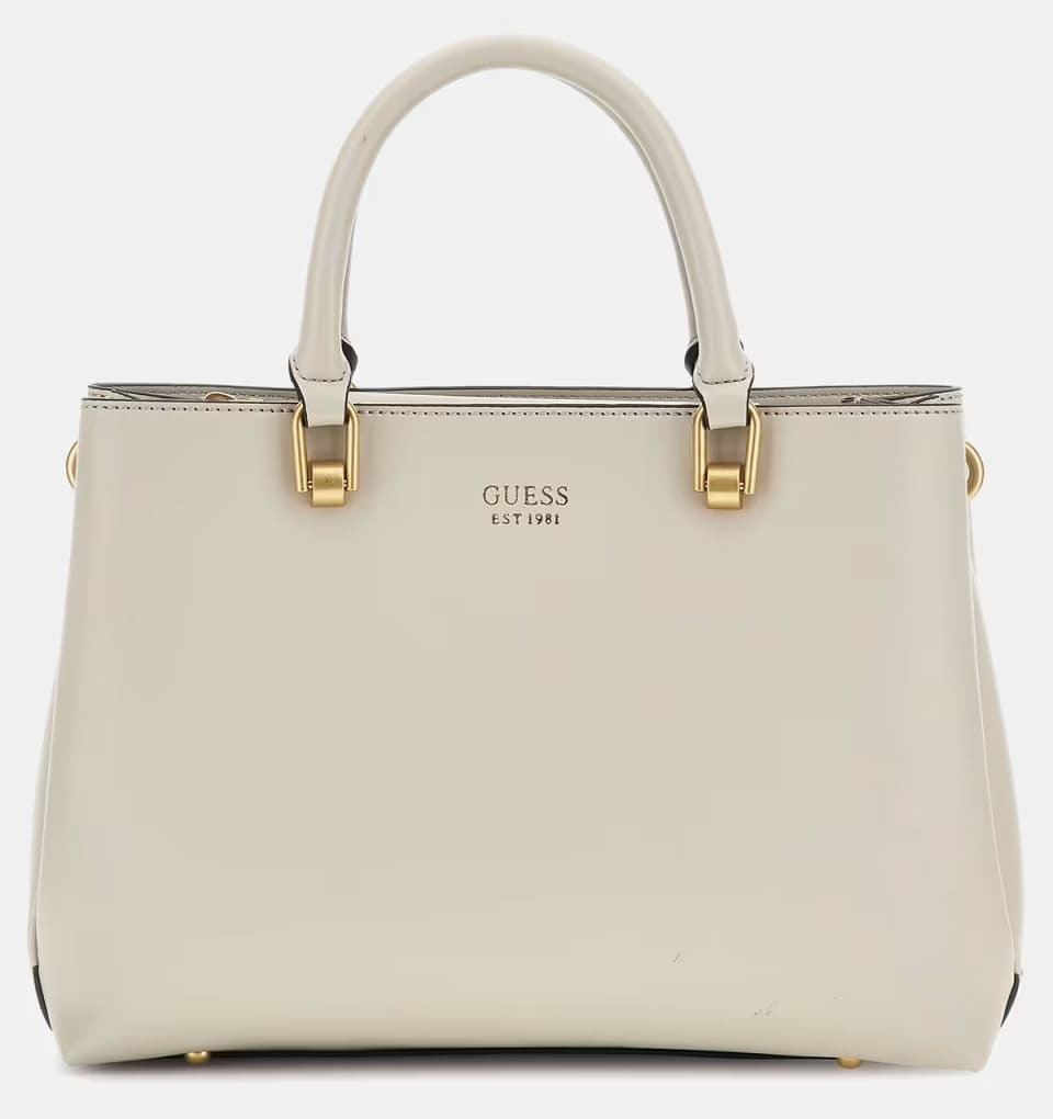 Bolso de mano masie de color blanco y detalles dorados de Guess