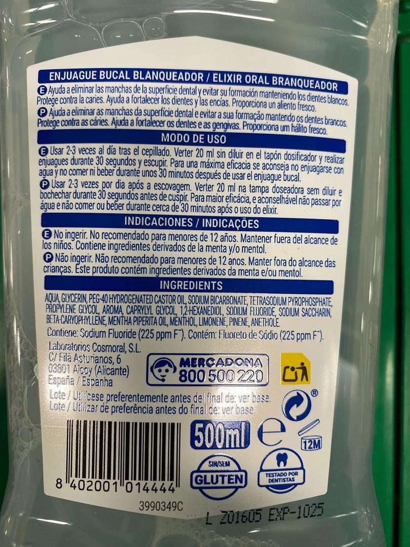 Enjuague bucal blanqueador con bicarbonato de Deliplus en Mercadona