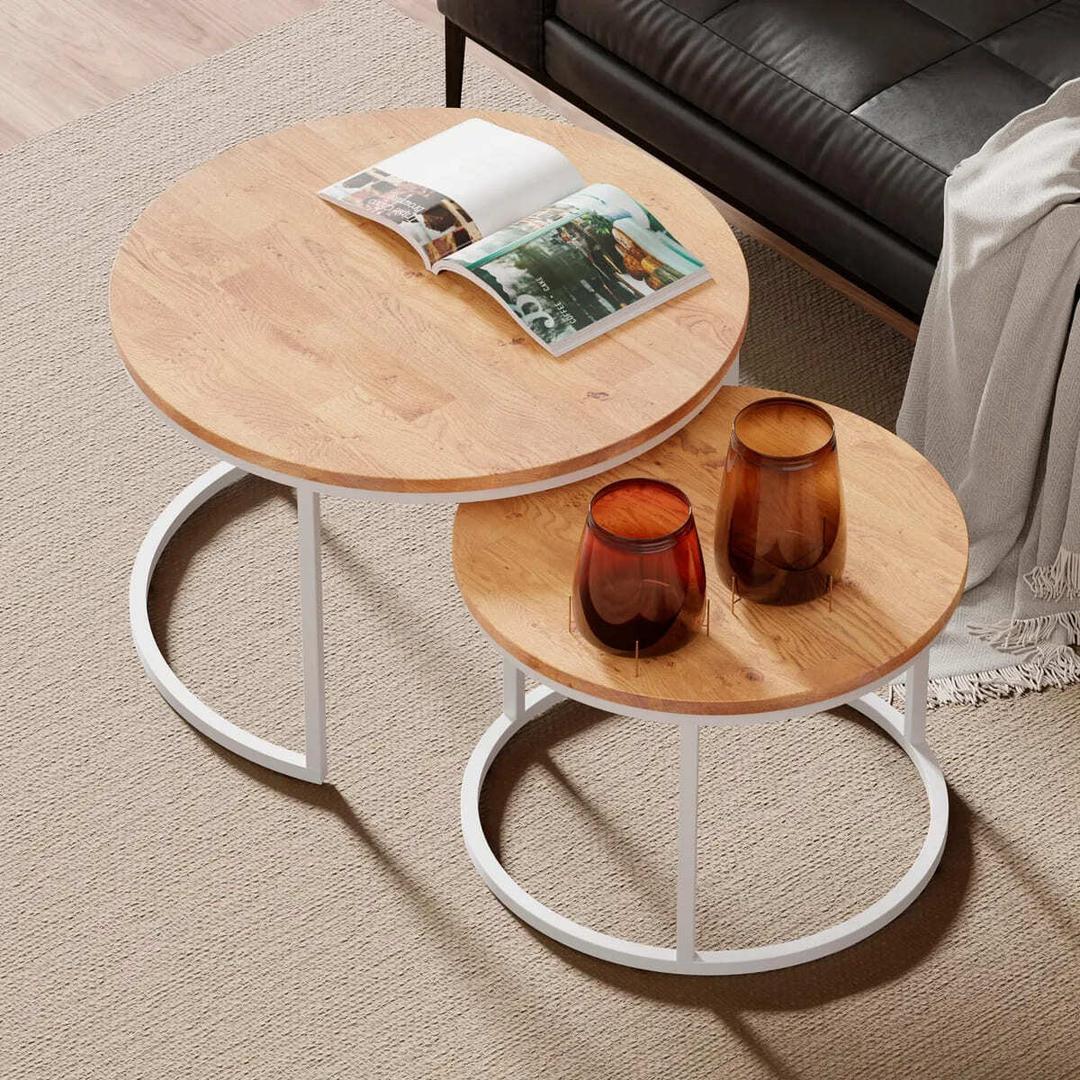 Conjunto de dos mesas redondas industriales de roble macizo de Leroy Merlin