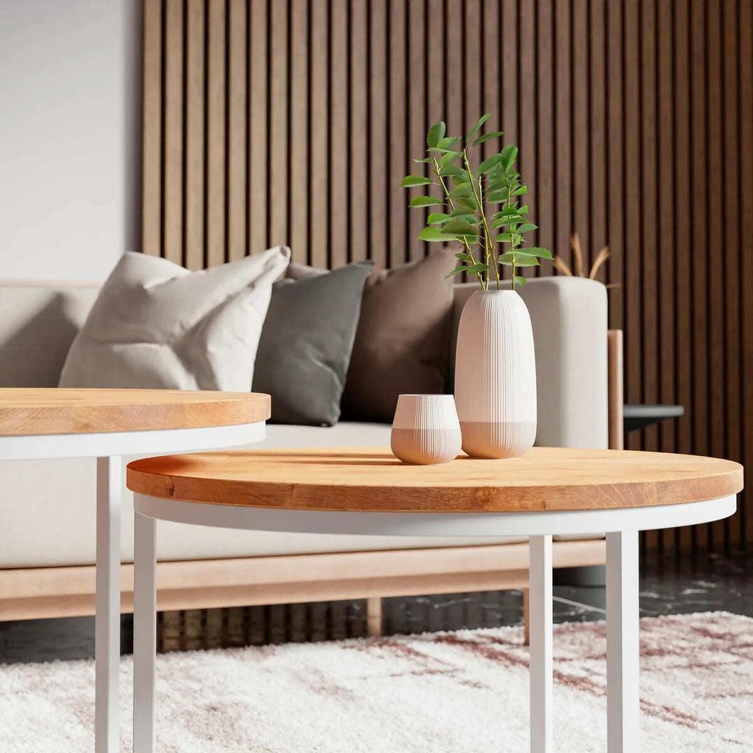 Conjunto de dos mesas redondas industriales de roble macizo de Leroy Merlin