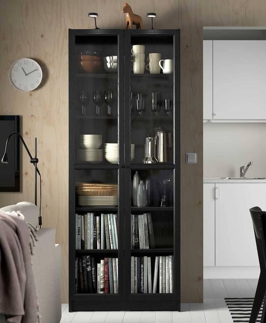 BILLY  OXBERG Librería con puertas de vidrio negro efecto roble de Ikea