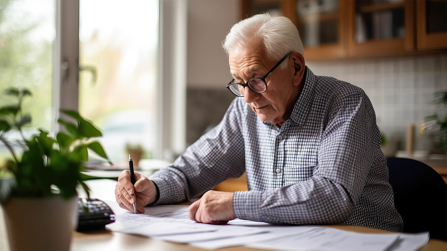 Hombre jubilado cumplimenta documentación en una mesa