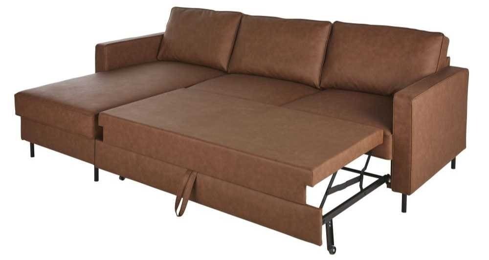 Sofá esquinero convertible de tela revestida en camel de Maisons du Monde