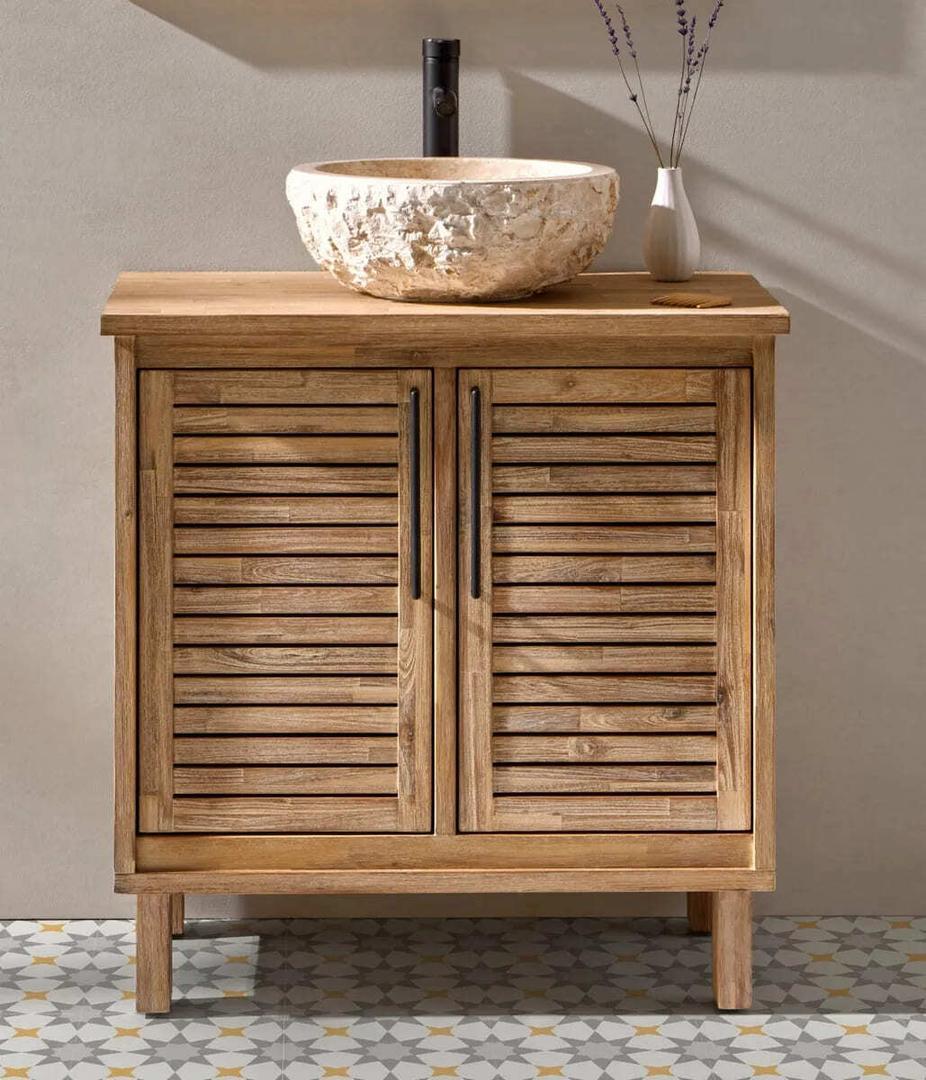 El mueble de baño de madera y color marrón Merida de la colección vintage de Leroy Merlin