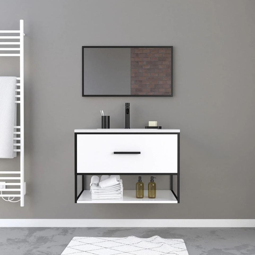 Mueble de baño + Lavabo de cerámica y Espejo THINK 80