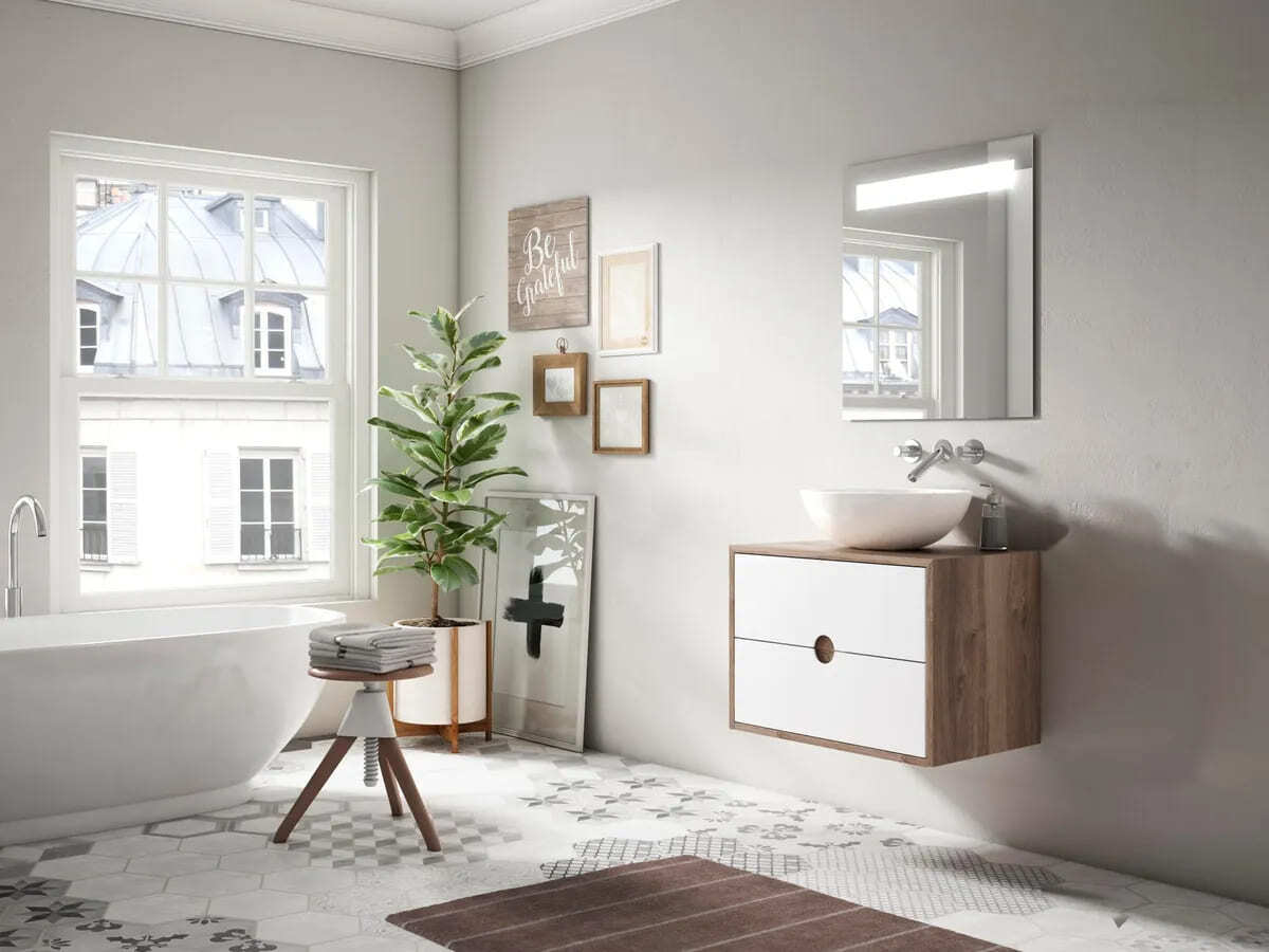El mueble de baño Kompas de roble y con puertas blancas de Leroy Merlin