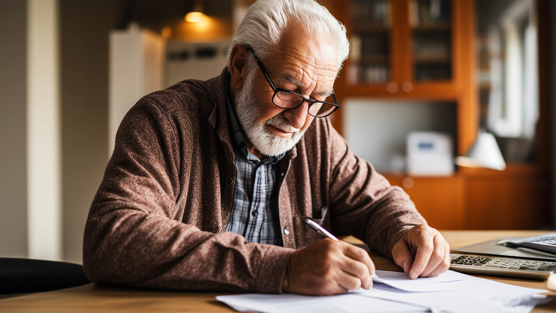 Hombre pensionista rellena documentación