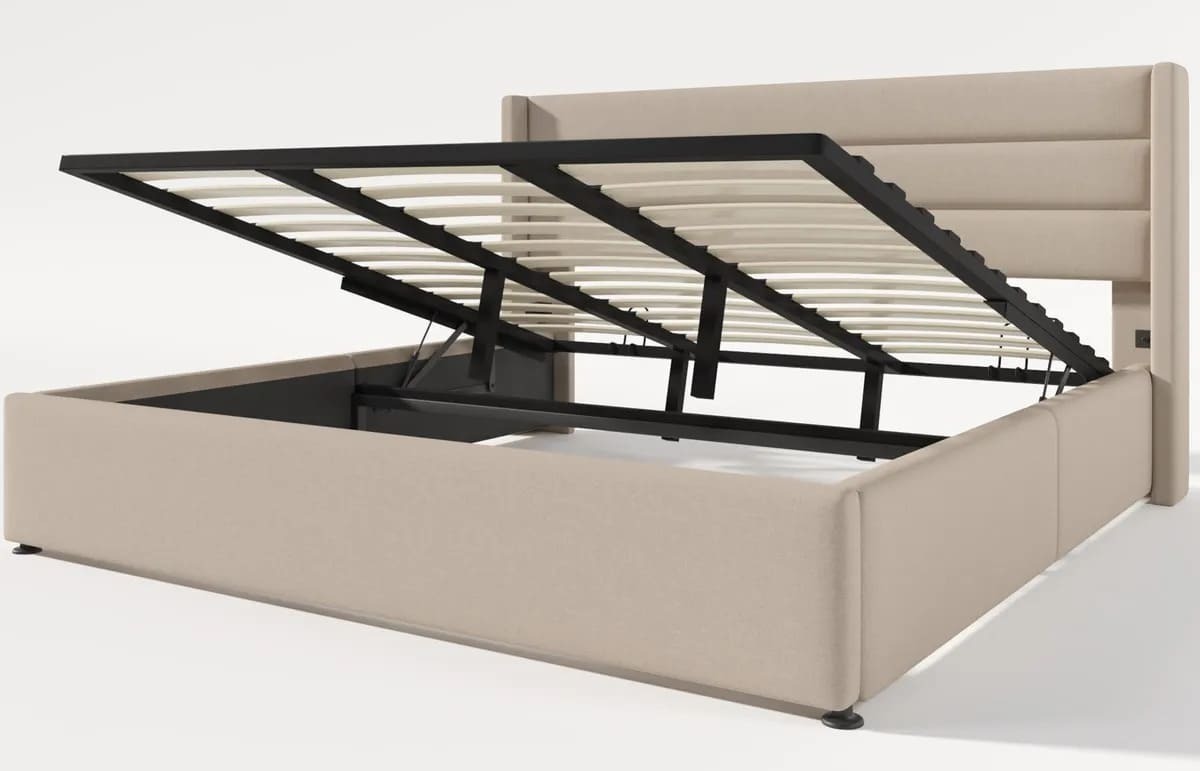La cama tapizada hidráulica con almacenamiento y estructura beige de Leroy Merlin
