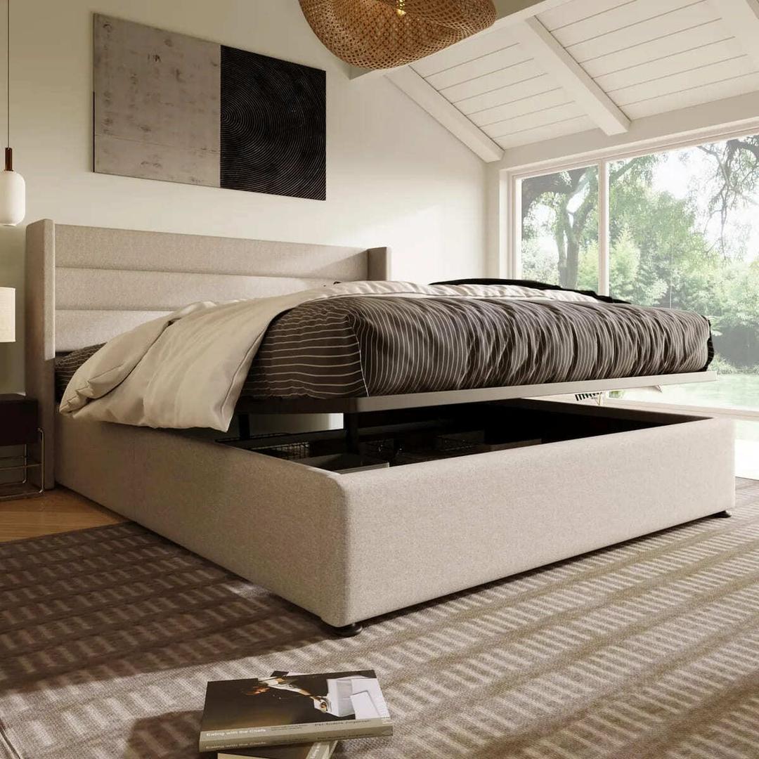 La cama tapizada hidráulica con almacenamiento y estructura beige de Leroy Merlin