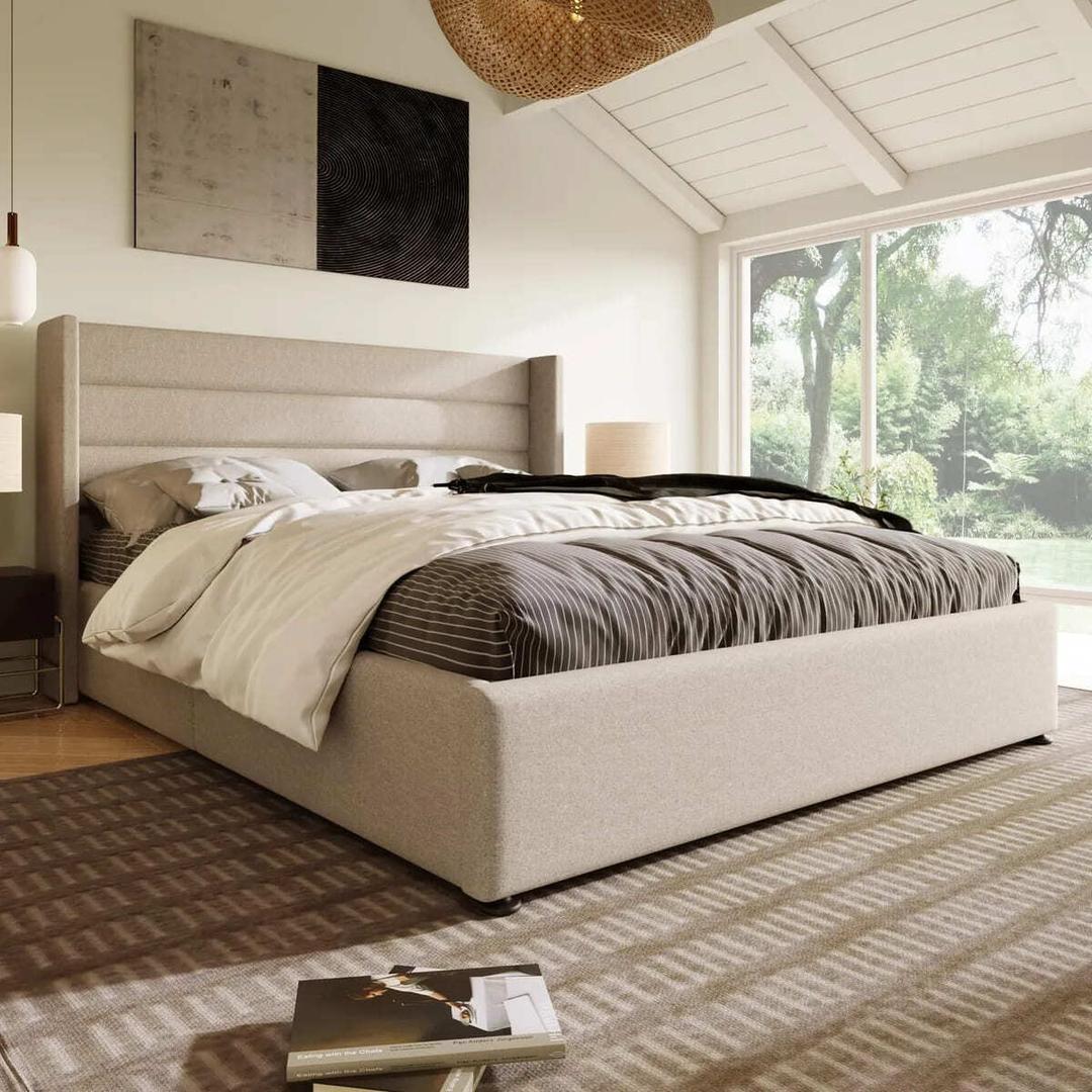 La cama tapizada hidráulica con almacenamiento y estructura beige de Leroy Merlin