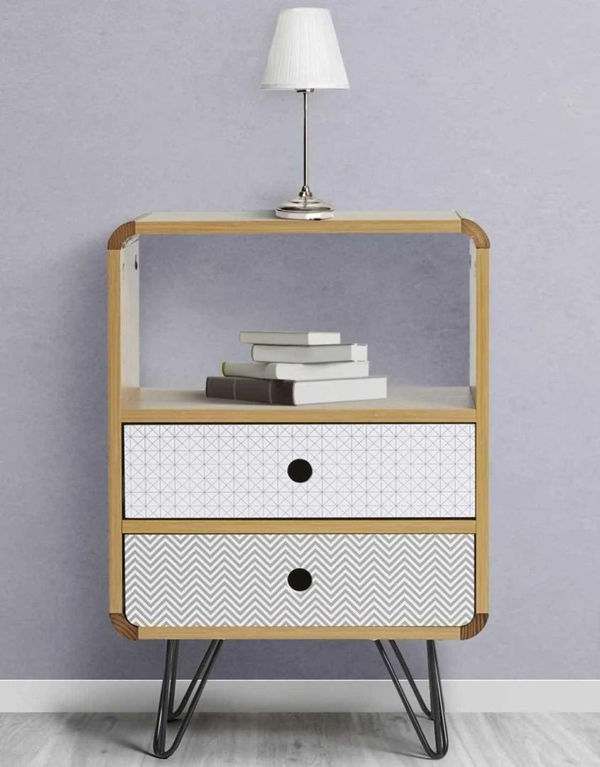 Mesita de Noche Buda 2 Cajones color roble patas de metal en negro de Leroy Merlin