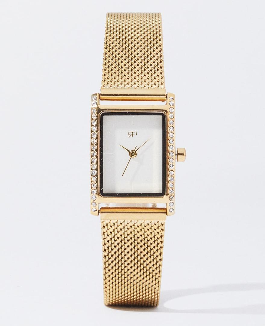 Reloj de acero dorado con caja cuadrada y strass de Parfois