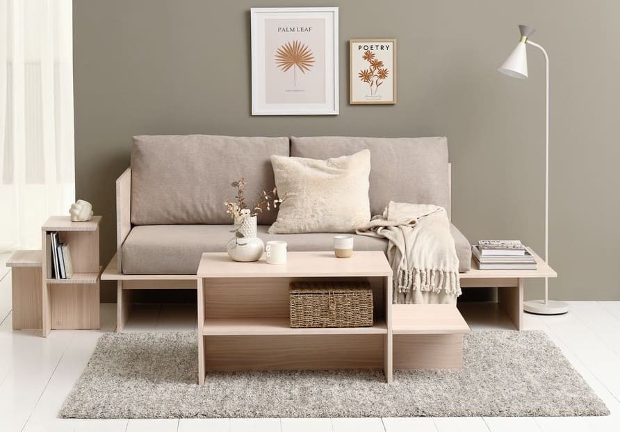 Diván cama SOLLERUP pino macizo tela gris claro de JYSK