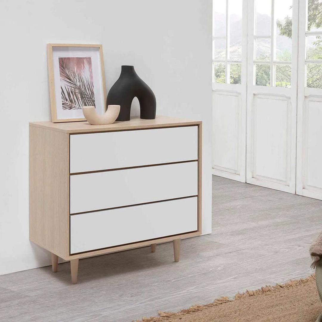 La cómoda de noche Denia con 3 cajones color roble y blanco de Leroy Merlin