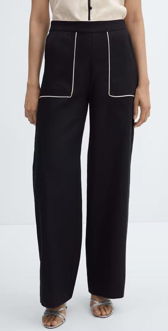 Pantalón lino ribetes contraste de Mango