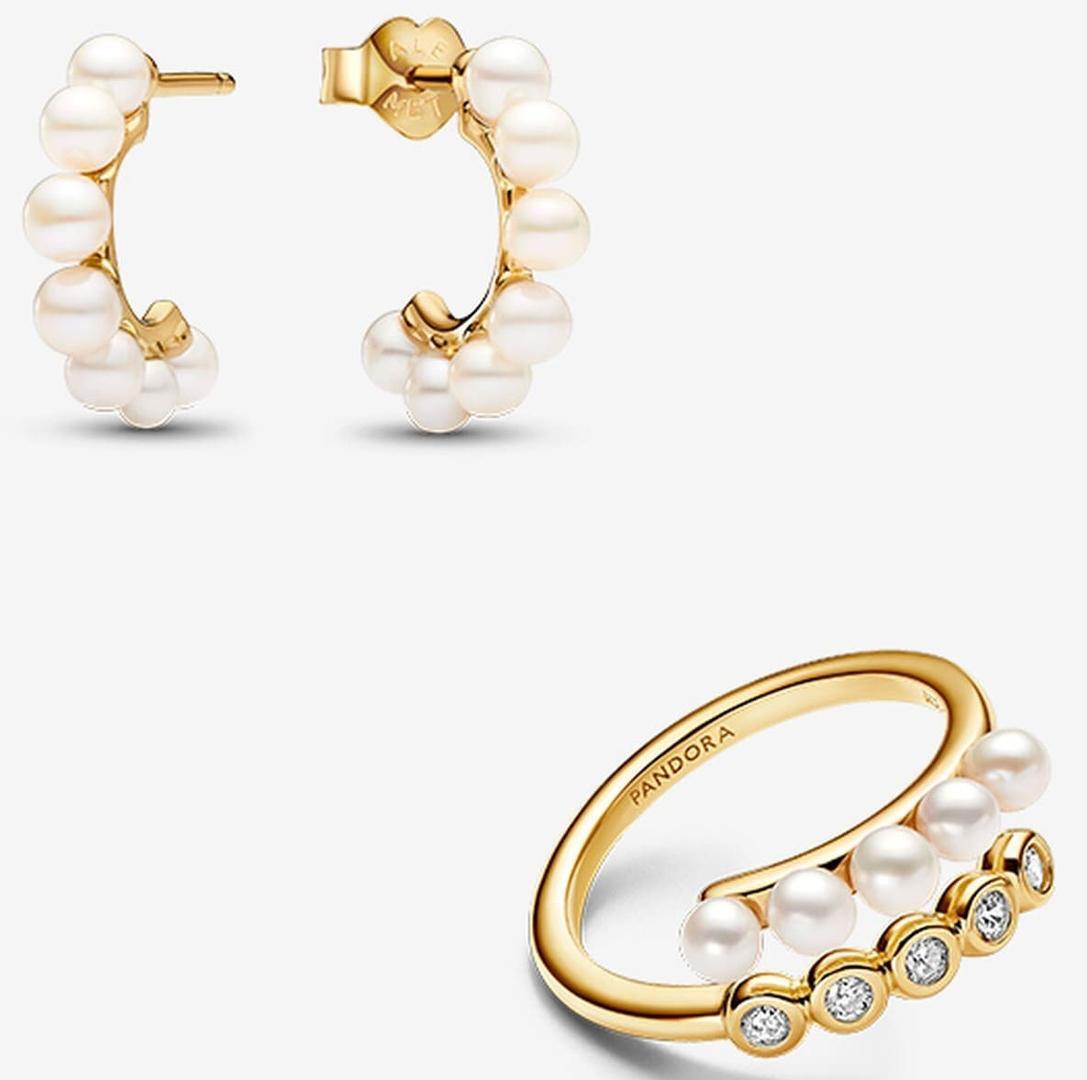 Conjunto de Regalo Pendientes y Anillo Perlas Cultivadas de Agua Dulce y Gemas de Pandora