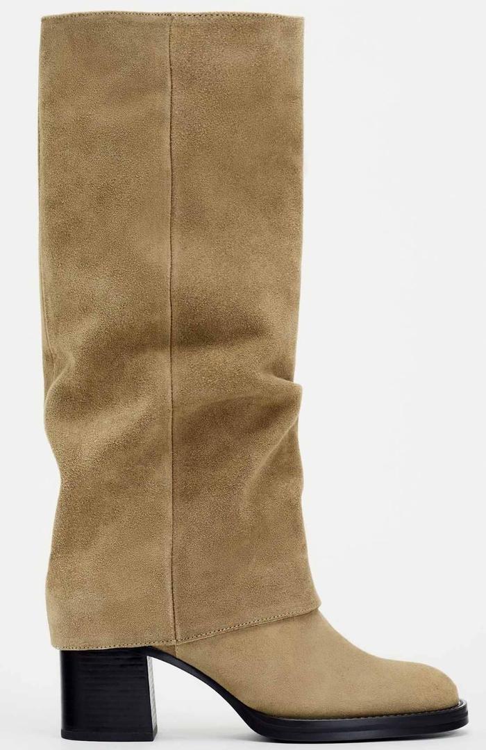 Bota tacón ancho polaina piel de Zara
