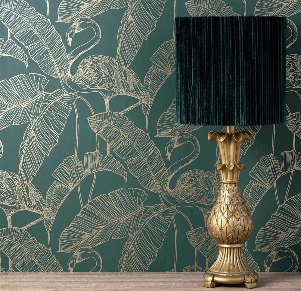 Papel pintado lavable hojas tropicales y flamencos estilo art déco de Leroy Merlin
