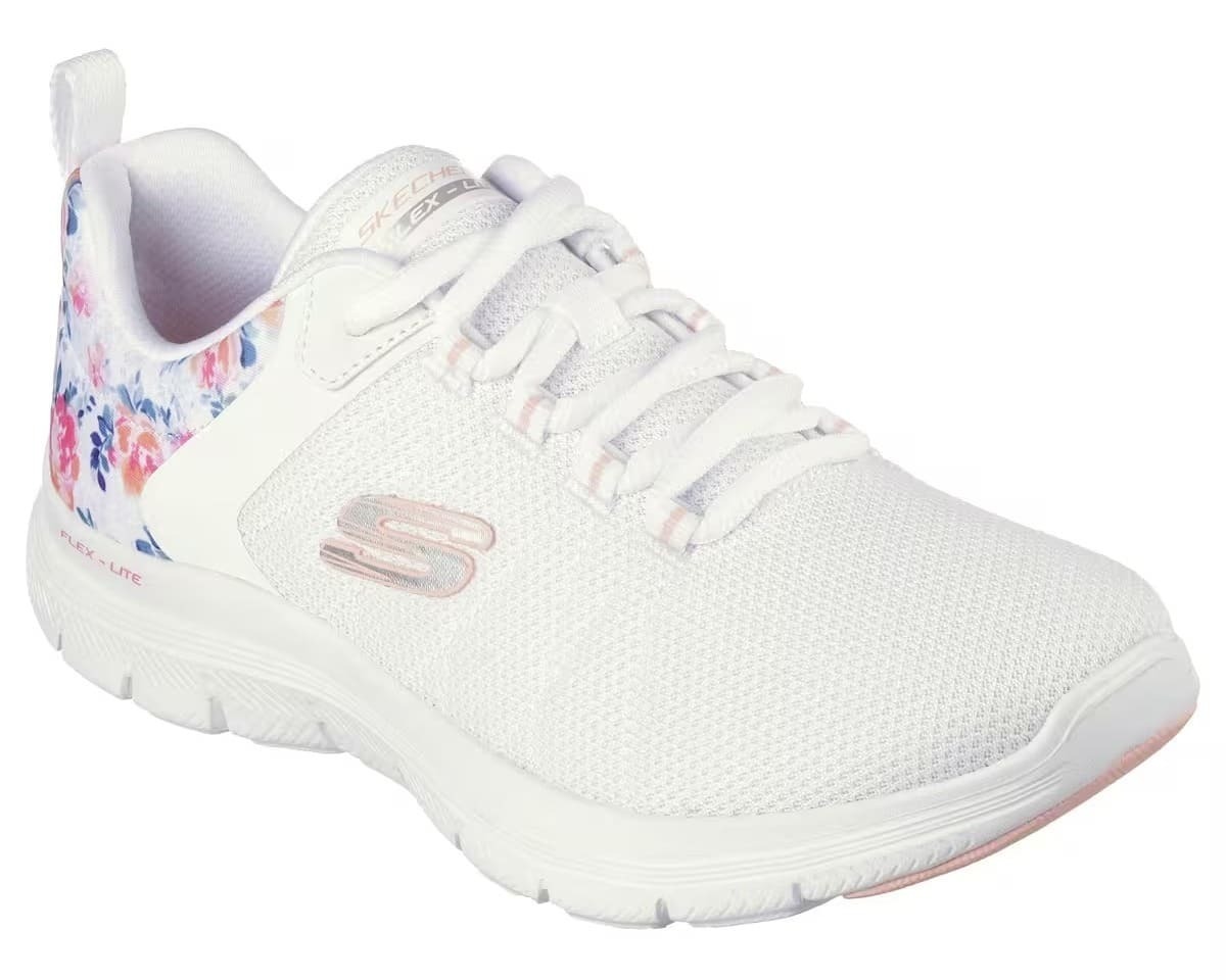 Las zapatillas para caminar Flex Appeal 4.0 de mujer blancas con flores de Skechers en Decathlon