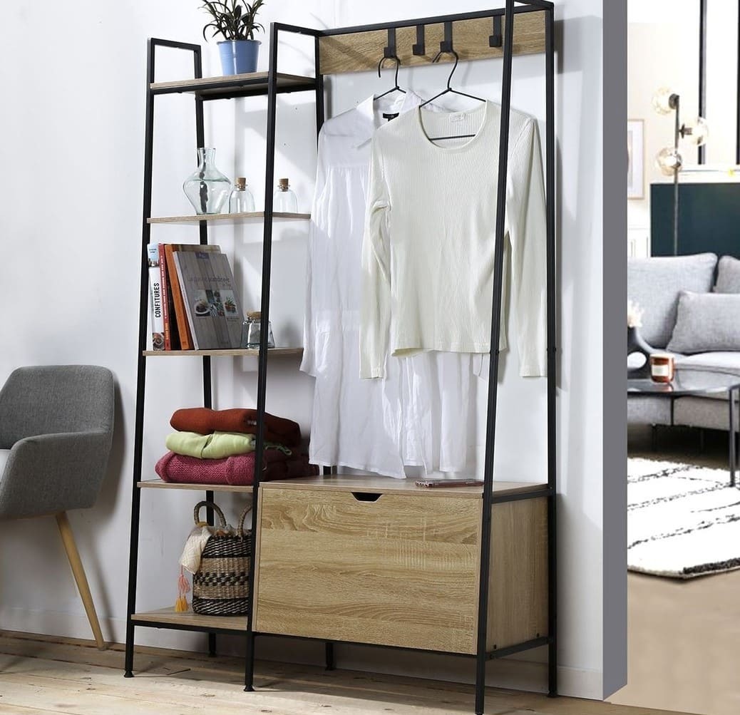 Armario abierto de 5 estantes con baúl, zapatero y colgadores