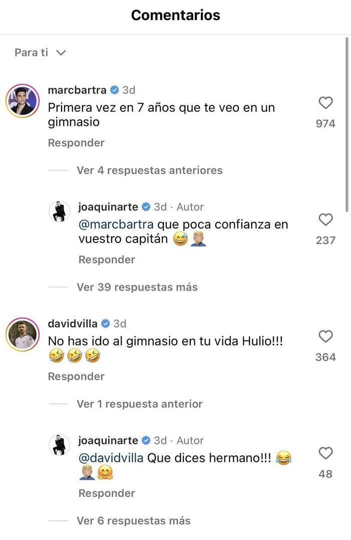 Las respuestas de Marc Bartra y David Villa en la publicación de Joaquín en Instagram