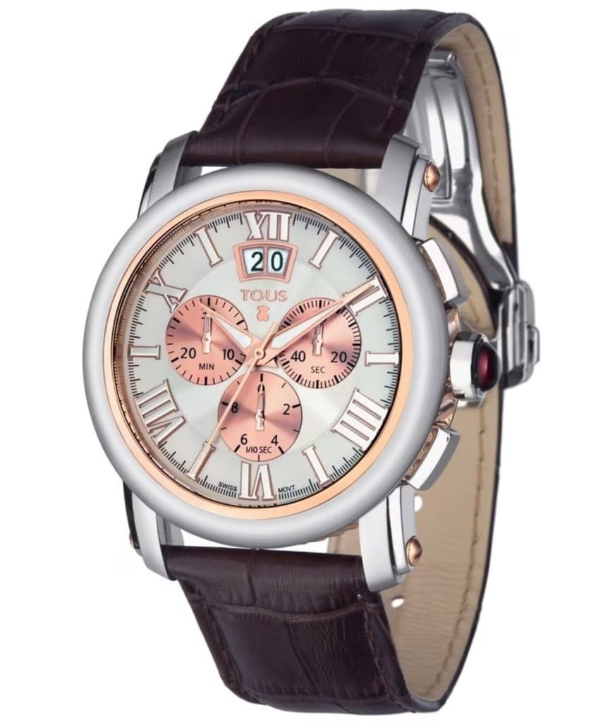 Reloj analógico Born bicolor de acero IP rosado con correa de piel marrón de TOUS