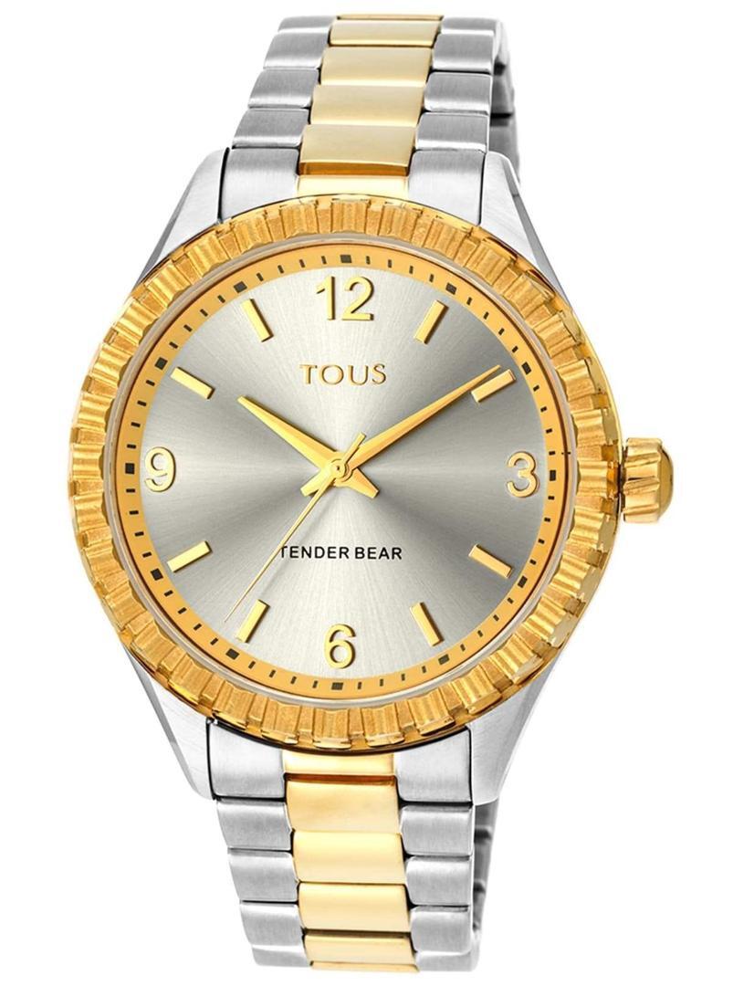 Reloj analógico Tender Bear de acero IP bicolor dorado con relieve de osos de TOUS