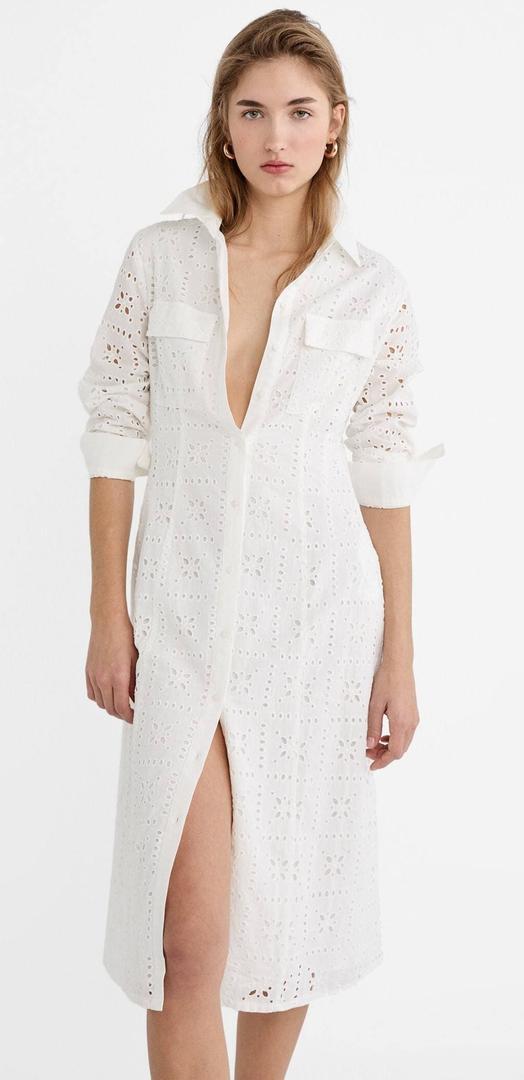 Vestido camisero midi bordado de Stradivarius