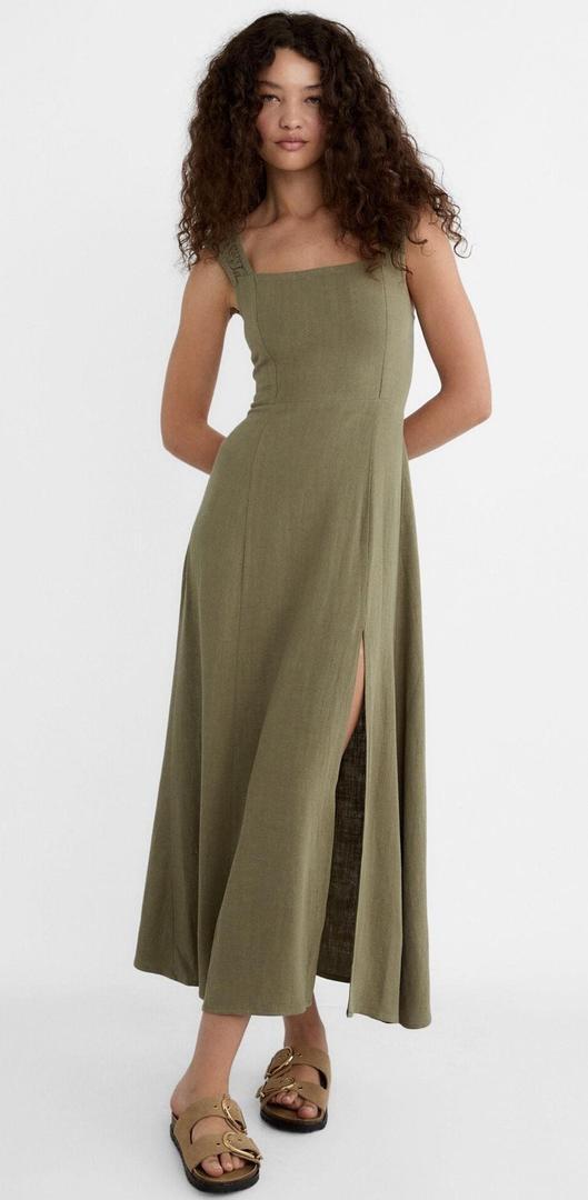 Vestido fluido midi cruzado espalda con lino de Stradivarius