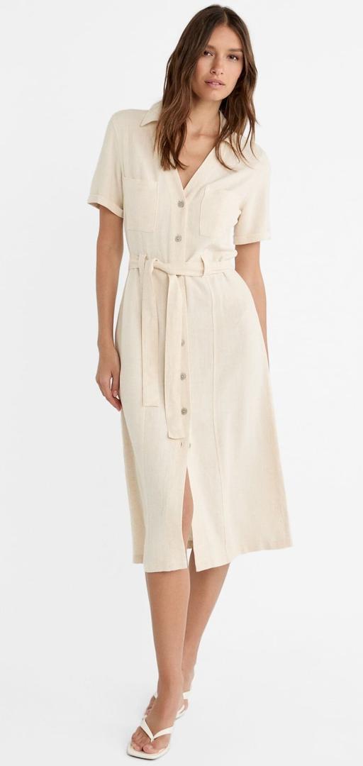 Vestido midi camisero con lino de Stradivarius