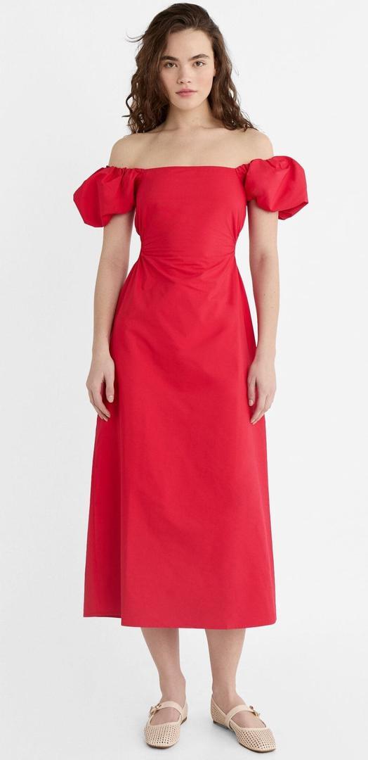 Vestido midi manga corta abullonada de Stradivarius