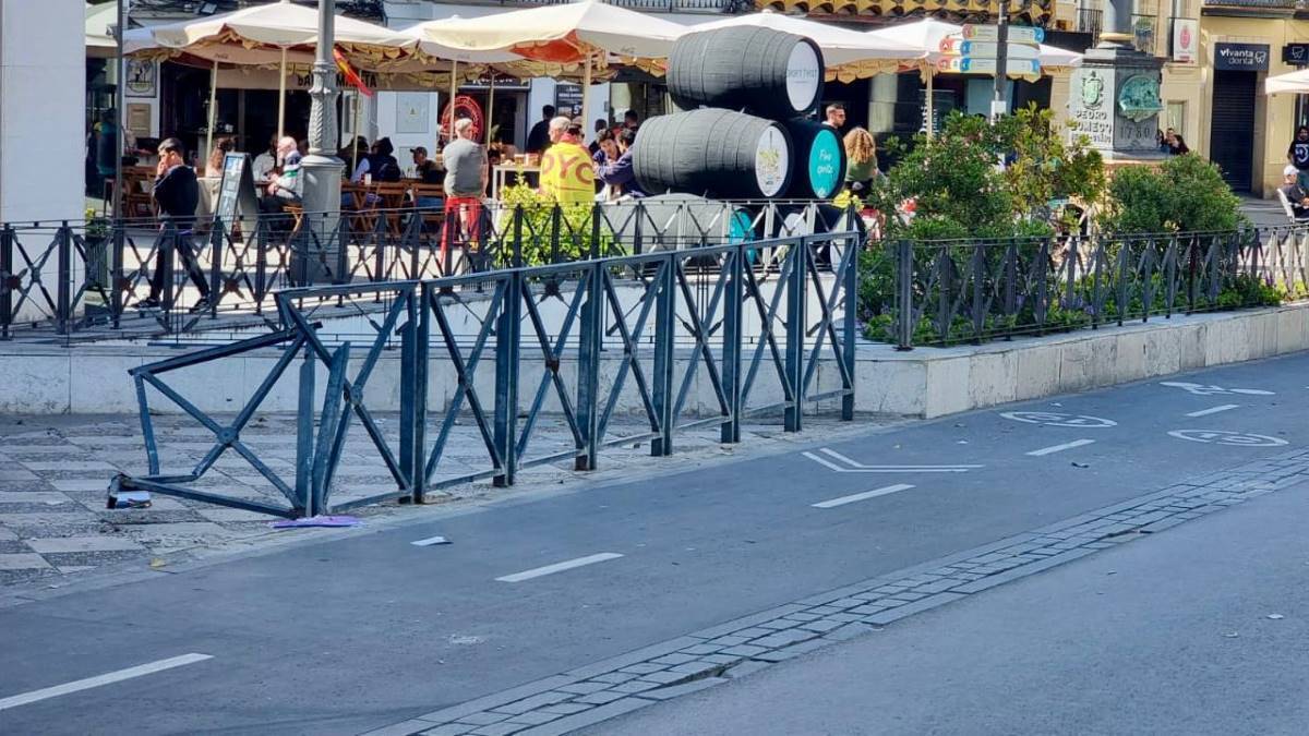 Un autobús se lleva por delante la valla de seguridad de la Plaza Esteve | Cristo García