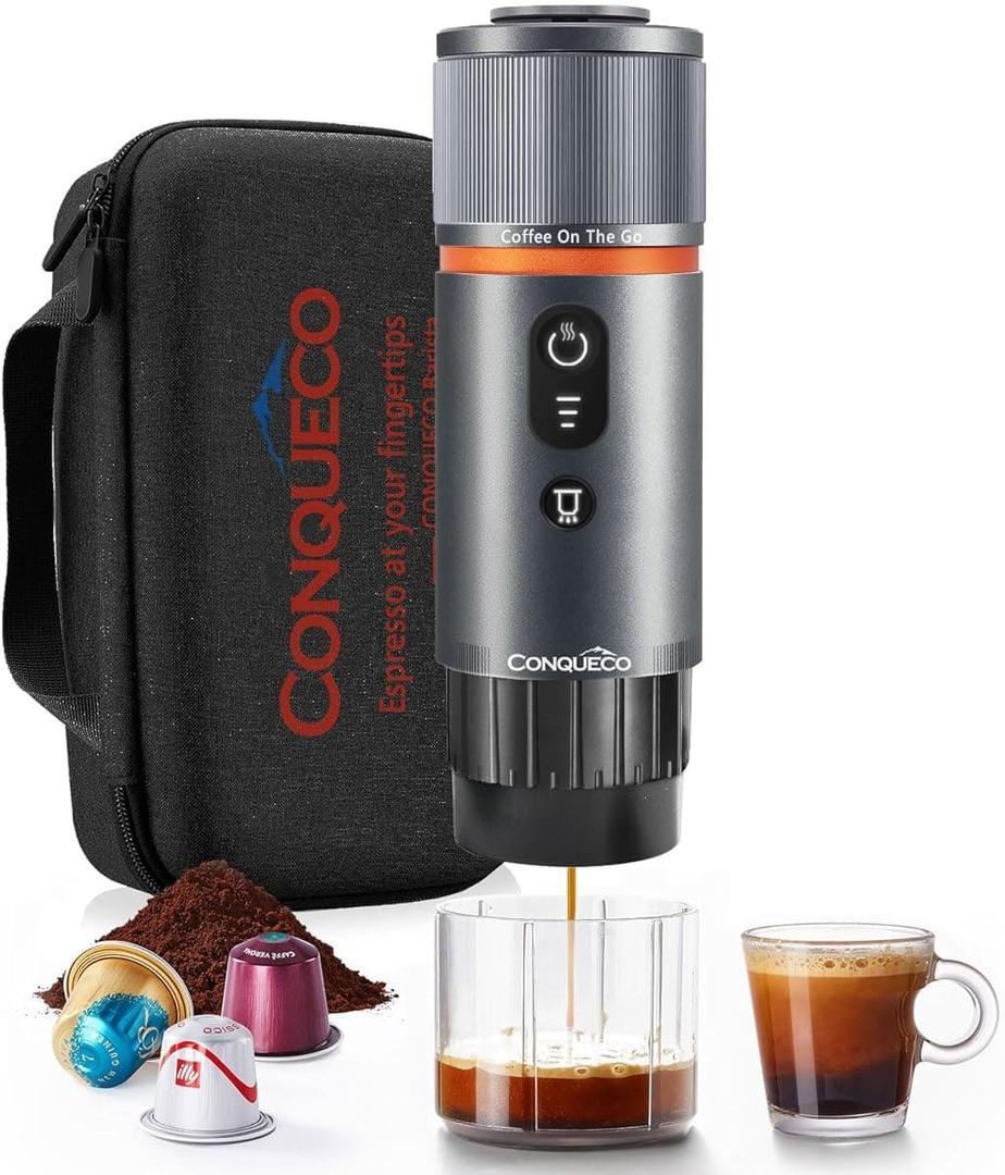 La cafetera de espresso portátil de 12 V de CONQUECO en Amazon