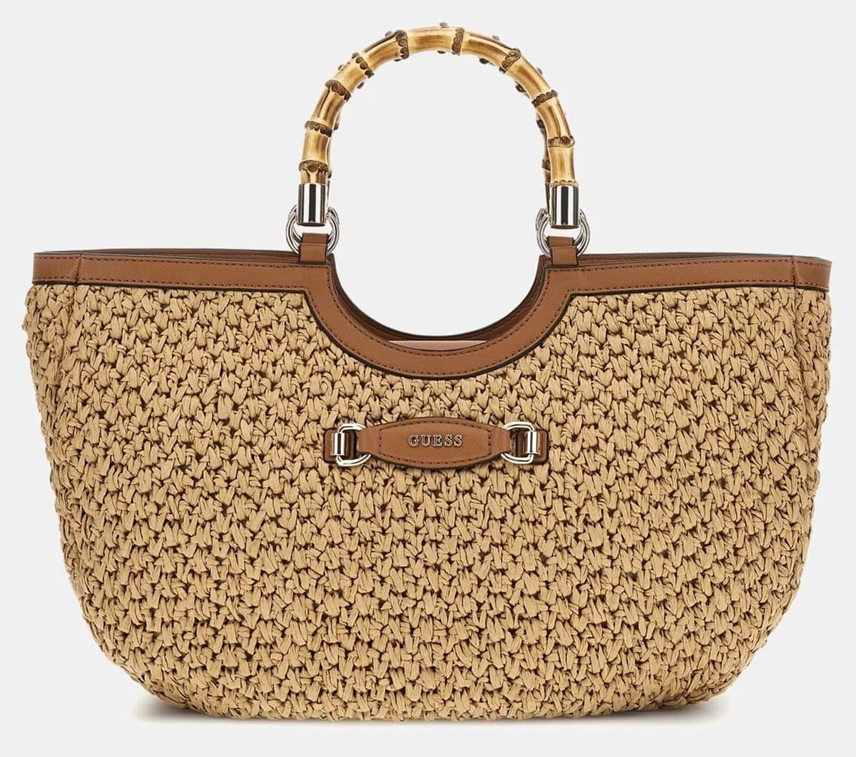 El nuevo bolso de mano Siria de paja con detalles marrones de Guess