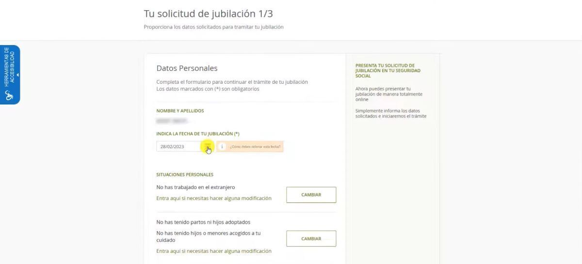 Solicitud de pensión de jubilación en la web de la Seguridad Social