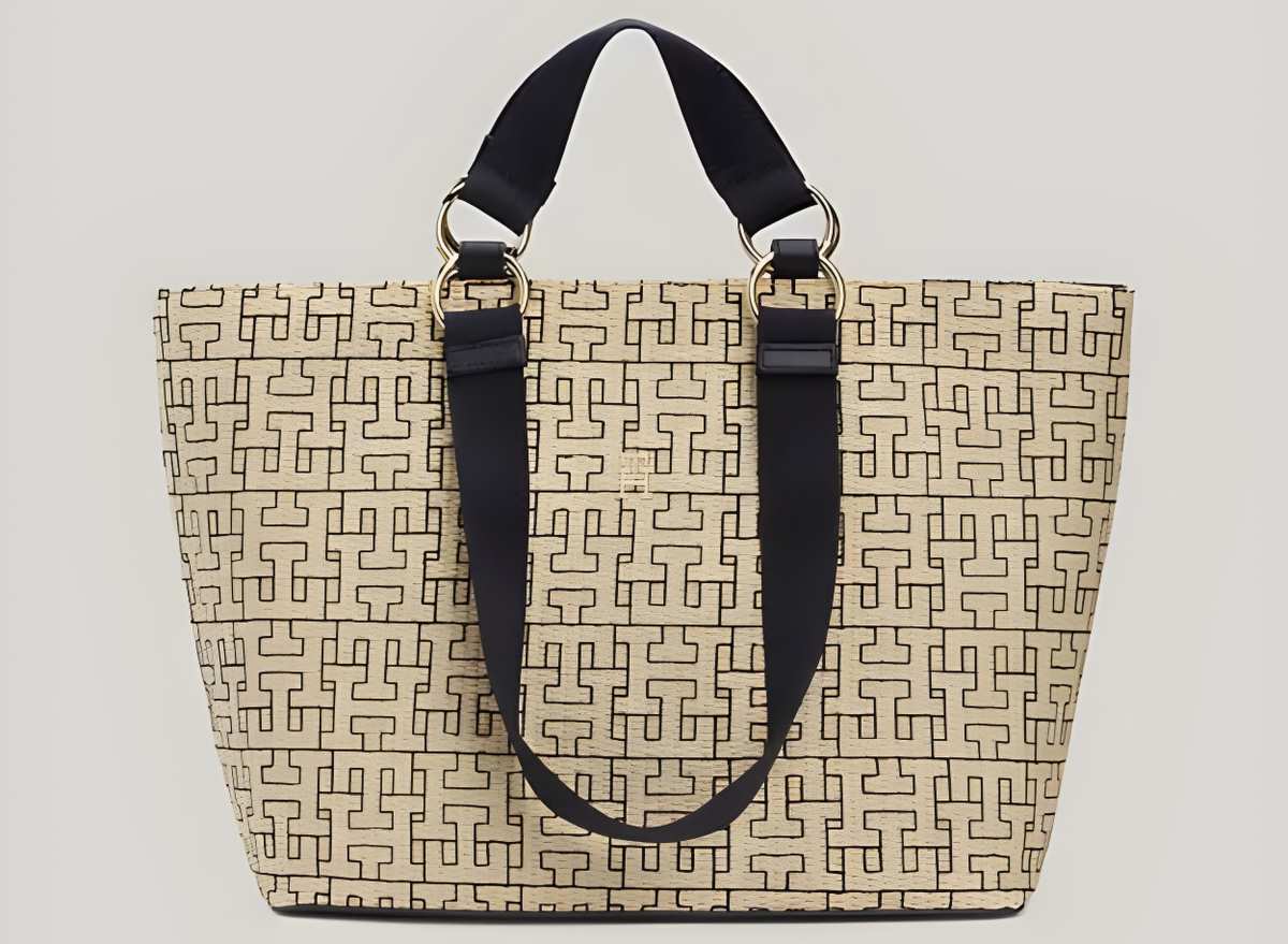 Bolso tote city pequeño de paja con monograma de Tommy Hilfiger