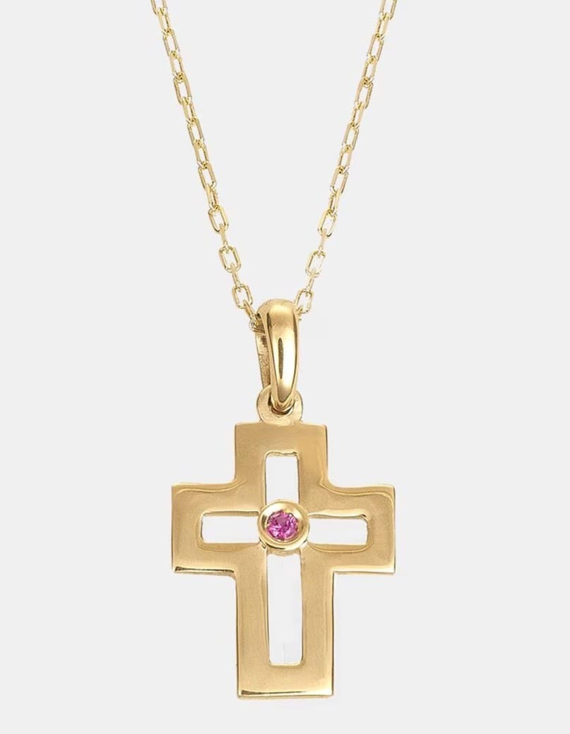 Colgante de cruz de oro y rubí natural MIO