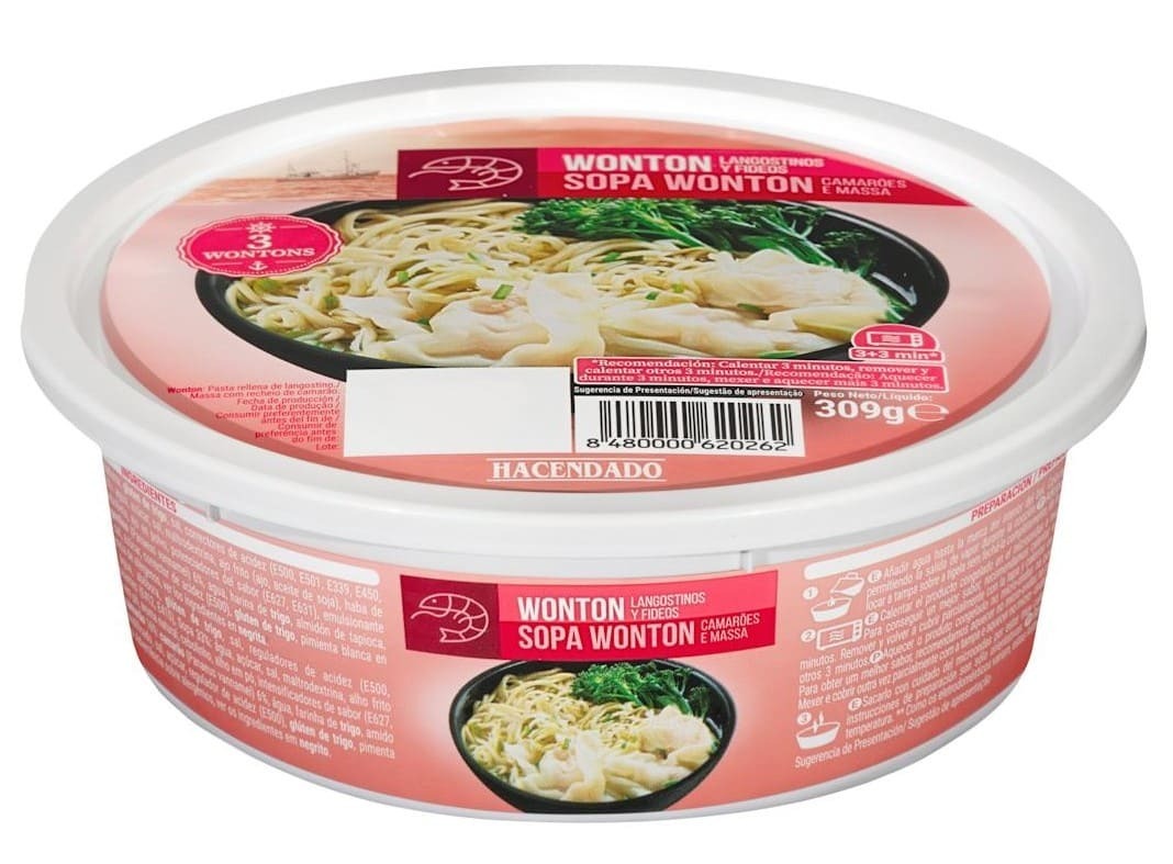 Sopa con Wonton de langostino y fideos