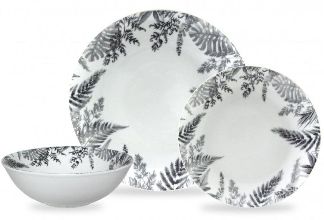 Vajilla 18 Piezas de porcelana Helechos Gris