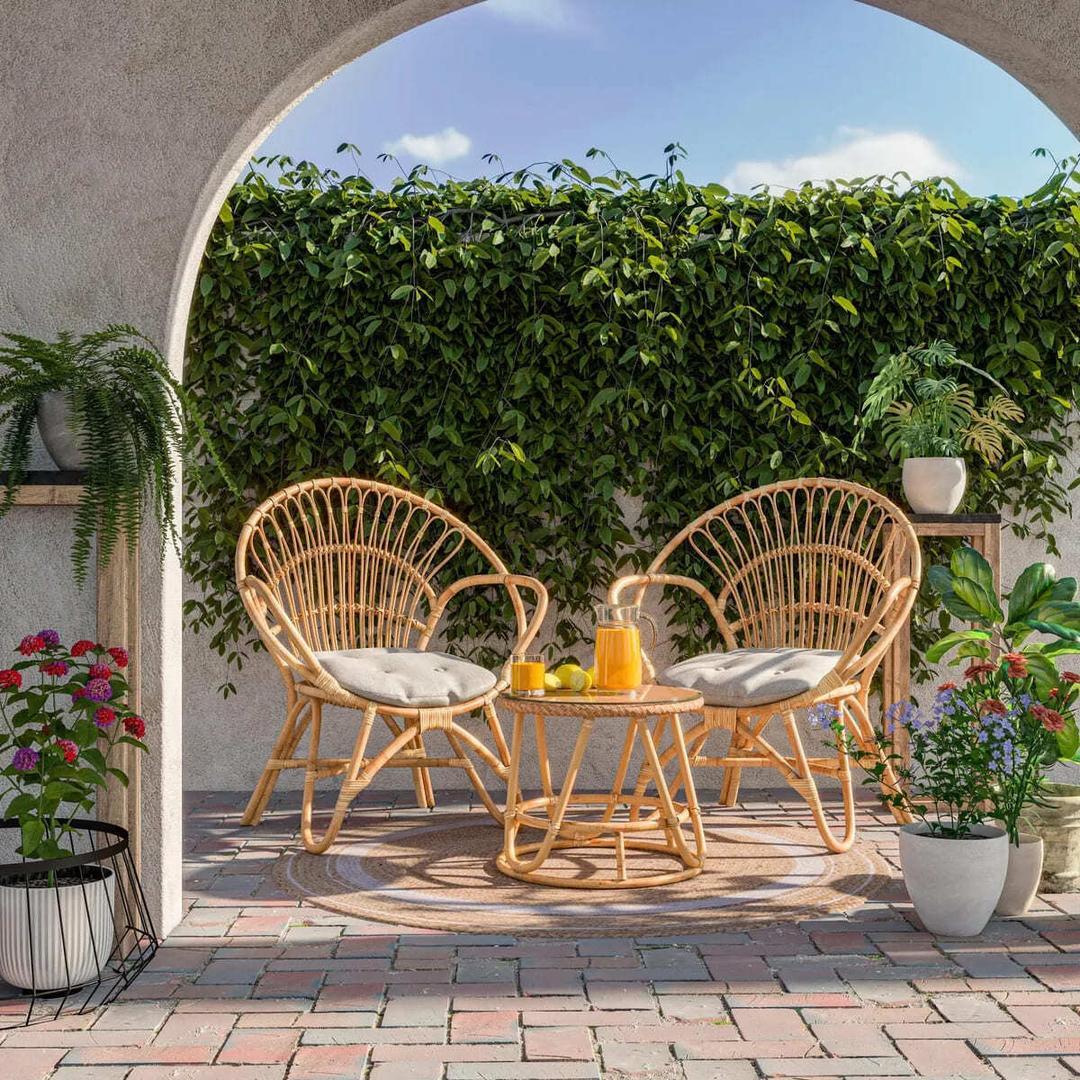 El conjunto de muebles de exterior Bombai de ratán natural para dos comensales de Leroy Merlin