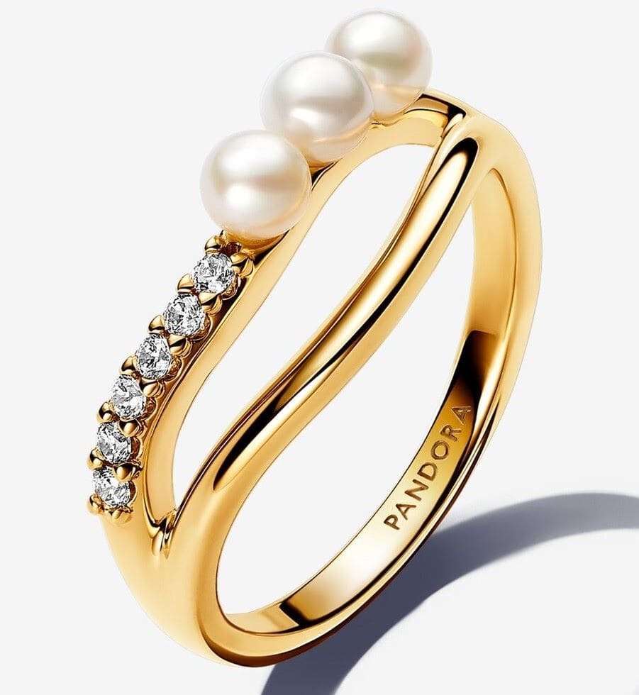 Anillo Perla Cultivada de Agua Dulce y Doble Banda Forma Orgánica de Pandora