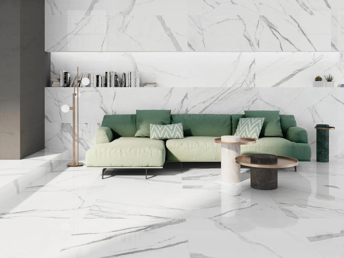 Suelo azulejo porcelánico Calacatta efecto mármol blanco ROIG CERÁMICA