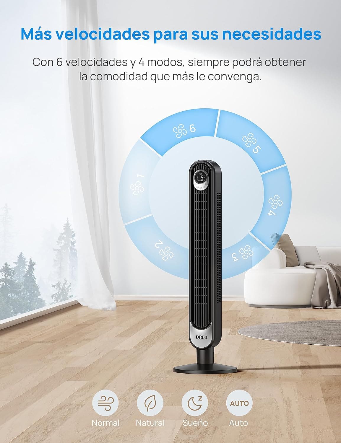 El ventilador de torre con mando a distancia y seis velocidades Dreo en Amazon