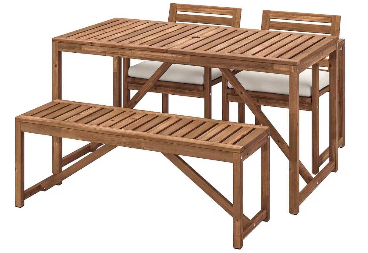 NÄMMARÖ Mesa con 2 sillas y banco exterior, tinte marrón de Ikea