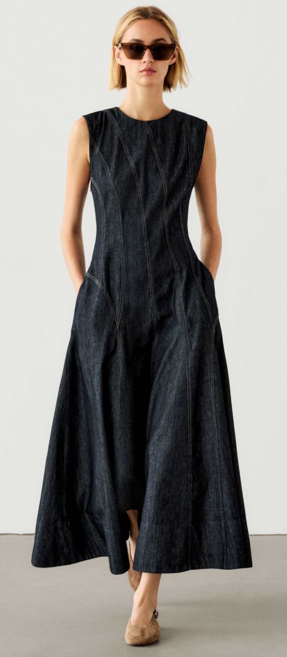 Vestido algodón pliegues efecto Denim de Massimo Dutti