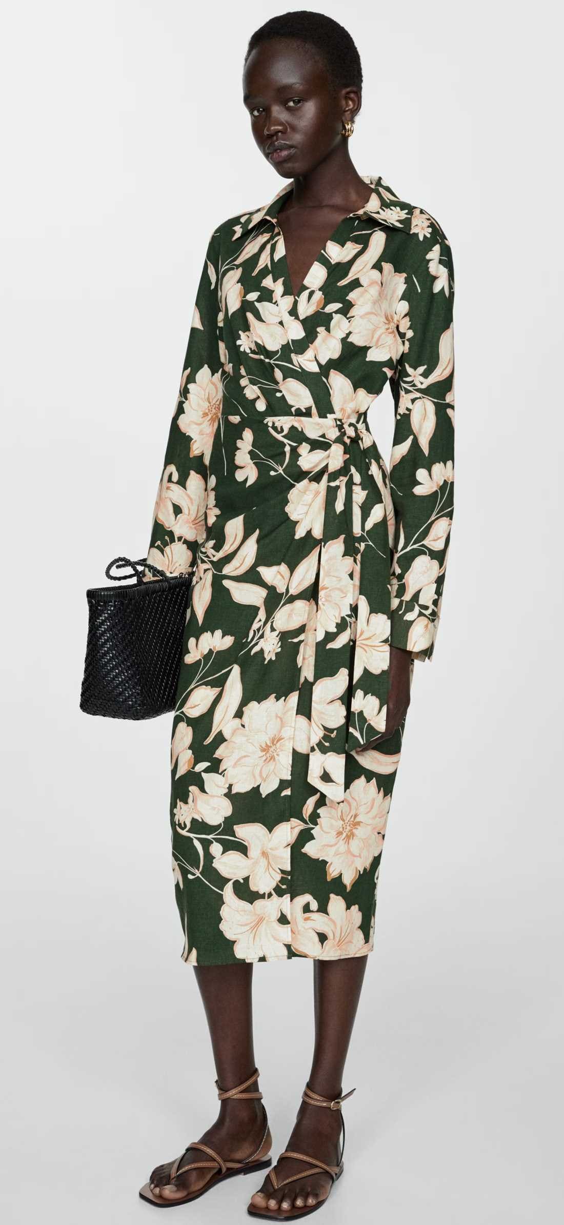 Vestido camisero lino lazo de Mango