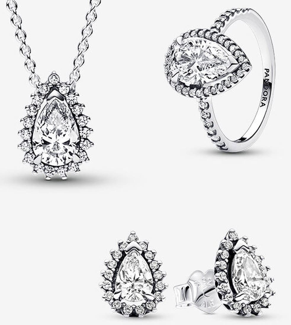 Conjunto de Regalo Collar, Pendientes y Anillo Halo Pera Brillante de Pandora